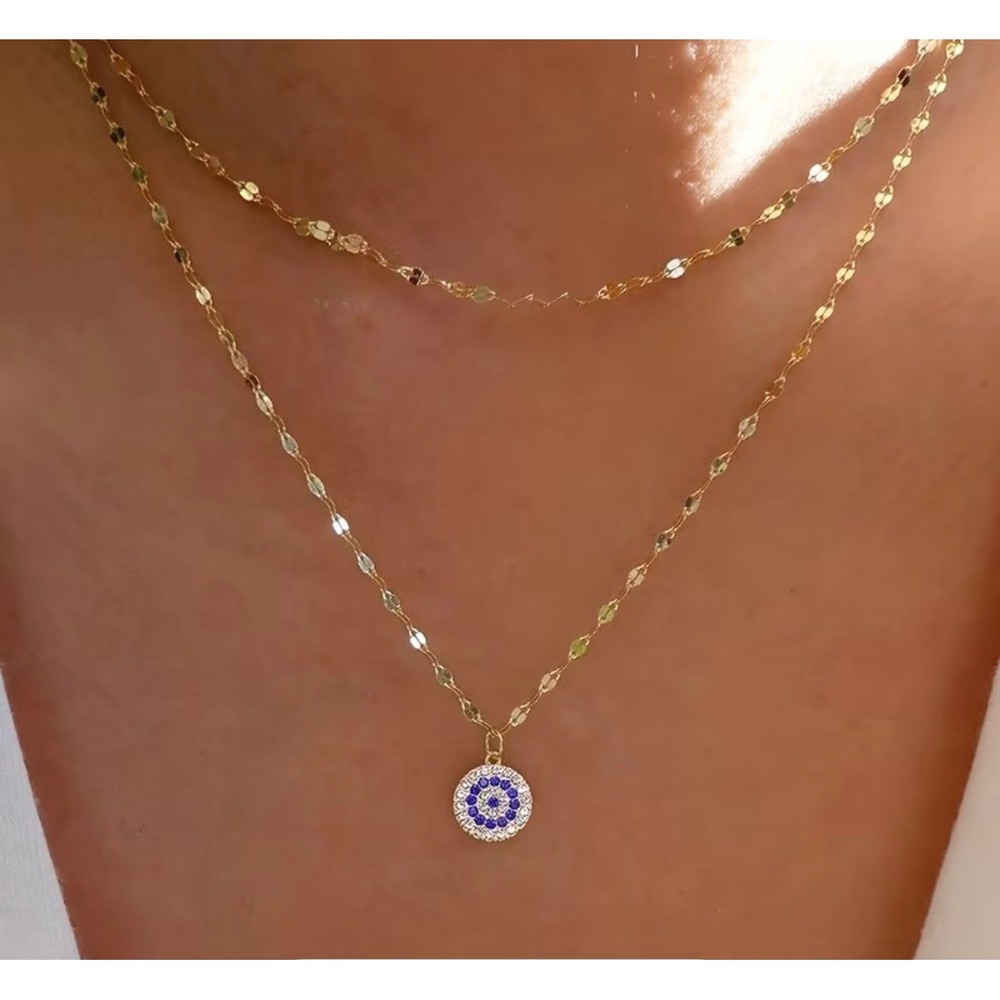 NWOT. Gold Adjustable Double Chain Necklace. Third Eye. Rhinestone Blue/White.